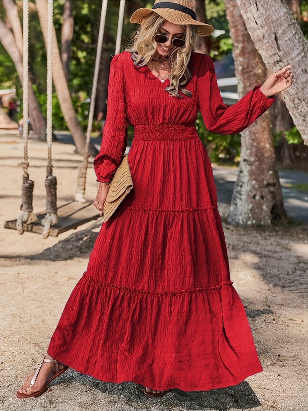 Women's Red Smocked-Waist Tiered Maxi Dress Medium
